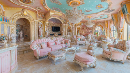 Discover the blend of elegance and comfort in this luxurious living room, featuring ornate furniture, pastel colors, and a stunning chandelier.の素材