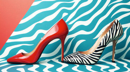 A striking composition featuring a glossy red high heel and a stylish zebra-patterned pump on a vibrant background. Perfect for fashion and design themes.の素材