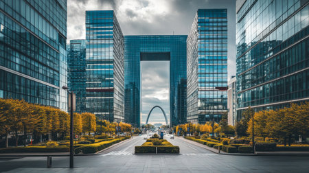 A captivating view of modern urban architecture featuring glass skyscrapers and a distinct archway, framed by vibrant greenery and a cloudy sky.の素材
