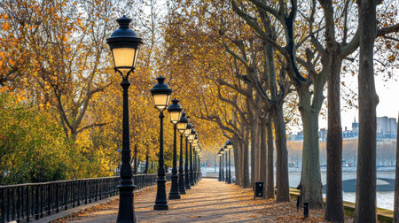 A tranquil pathway lined with elegant streetlamps and golden autumn trees. Soft sunlight bathes the scene, offering a peaceful atmosphere by the river.の素材