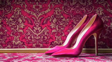 Stylish pink high heel shoes grace a textured vintage background, showcasing elegance and sophistication for fashion lovers. Perfect for editorial or promotional use.の素材