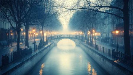 A tranquil scene of a foggy canal, with a charming bridge adorned by glowing street lamps, creates an enchanting atmosphere. Ideal for serene imagery.の素材