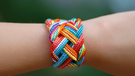 A stunning close-up of a colorful hand-woven bracelet resting on a wrist. This intricate design showcases the craftsmanship and vibrant colors, making it a unique fashion accessory for any occasion.の素材