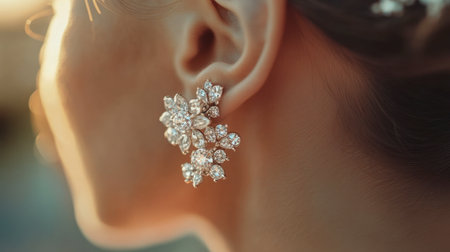 Close-up view of elegant floral earrings adorned with sparkling gemstones. The soft natural light highlights the intricate design and radiance, creating a stunning look that enhances the beauty of the model.の素材