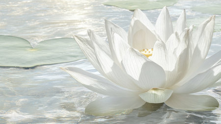 A beautiful white lotus flower floats gracefully on a tranquil water surface, surrounded by lush greenery. The soft petals reflect the serene ambiance, perfect for evoking peace.の素材