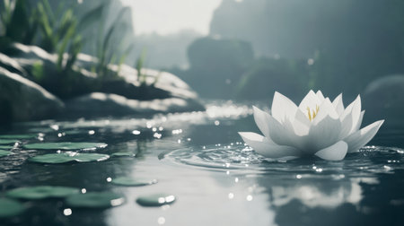 A stunning view of a white lotus flower blooming on a calm water surface, surrounded by lush greenery and soft sunlight, evoking tranquility and peace.の素材