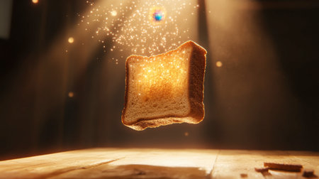 A mesmerizing image of a slice of toast floating in mid-air, surrounded by sparkling particles and warm light. Perfect for food-related themes.の素材