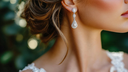 A close-up portrait of a woman showcasing elegant pearly earrings. The soft lighting beautifully highlights her graceful features, enhancing the jewelry's brilliance.の素材