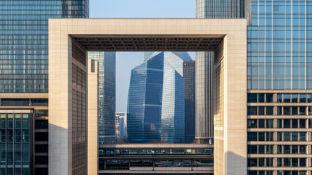 Stunning view of modern buildings framed by square architecture creates a unique urban scene. The blend of glass and concrete reflects contemporary design.の素材