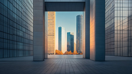 A stunning urban landscape showcasing modern skyscrapers reflecting warm evening light. The composition offers a serene view through architectural frames.の素材