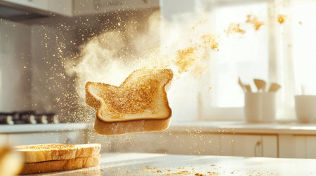 A captivating image of a floating bread slice dusted with powdered spice, set in a bright and inviting kitchen. This visually appealing scene evokes creativity in cooking.の素材