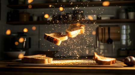 Two slices of bread hover in mid-air surrounded by sparkling dust, creating a magical atmosphere in a modern kitchen. Perfect for food lovers!の素材