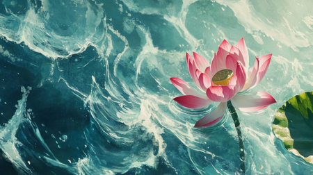 This striking image captures a vibrant pink lotus flower floating gracefully on turquoise water waves, symbolizing tranquility and natural beauty. Perfect for serene themes.の素材