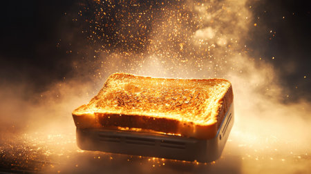 A captivating image of a toasted bread slice generating sparks and steam, showcasing dramatic lighting and warm tones that enhance the kitchen atmosphere.の素材
