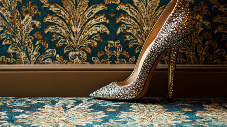 A stunning high heel shoe adorned with sparkling crystals rests elegantly against a decorative background featuring a floral pattern, showcasing luxury and style.の素材