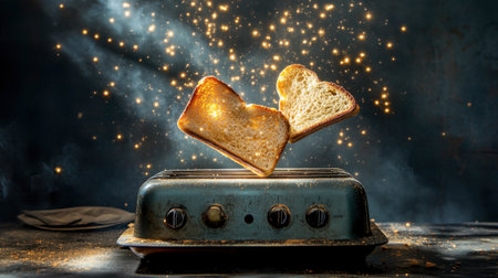 A mesmerizing scene featuring two slices of golden toast rising from a vintage toaster, surrounded by magical sparks and soft light, evoking a sense of nostalgia.の素材