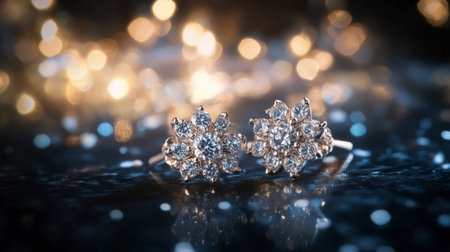 Beautiful diamond flower earrings shine against a blurred bokeh background, showcasing their elegance and intricate design. Perfect for special occasions.の素材