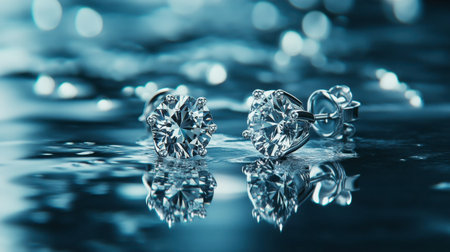 Captivating diamond earrings resting gracefully on a shimmering blue water surface. The elegant design showcases brilliance and reflection, perfect for luxury jewelry lovers.の素材