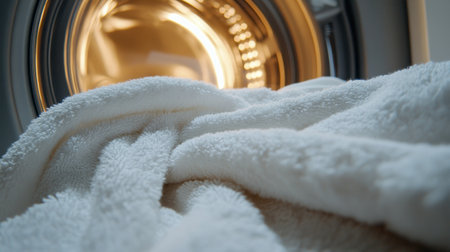 A close-up view of a soft white blanket inside a modern washing machine drum, emphasizing cleanliness and comfort in a domestic setting.の素材