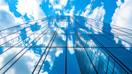 A stunning view of a modern glass building reflecting the vibrant sky and fluffy clouds. This image captures the beauty of architecture against a bright, clear backdrop.の素材