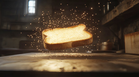 A captivating image of a slice of toast floating in mid-air, surrounded by sparkling particles, creating a magical effect in a cozy kitchen setting.の素材