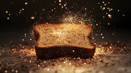 A stunning slice of toast surrounded by sparkling glitter creates a magical and warm ambiance. Perfect for culinary visuals, this photo adds charm.の素材