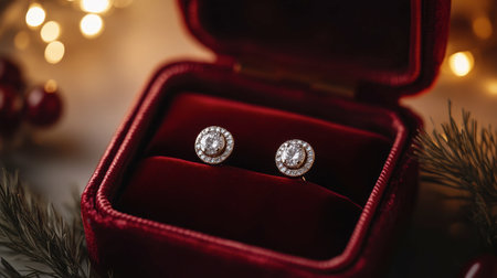 Stunning vintage earrings displayed in a rich red velvet box, perfect for gifting. The intricate design sparkles and shines, ideal for festive occasions.の素材