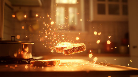 Captivating image of slices of bread floating in mid-air, surrounded by sparkling dust particles, capturing a warm and cozy kitchen atmosphere.の素材