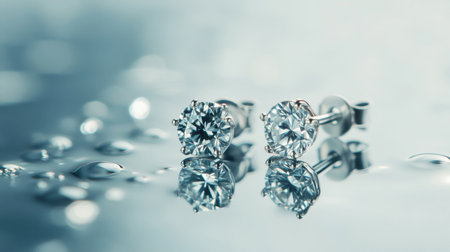 Stunning close-up of diamond stud earrings set against a soft water background, showcasing elegance and luxury. Ideal for fashion or jewelry themes.の素材