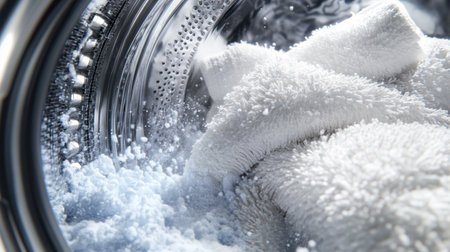 A close-up view inside a washing machine showcasing soft white towels surrounded by bubbles and detergent, emphasizing cleanliness and fabric care.の素材
