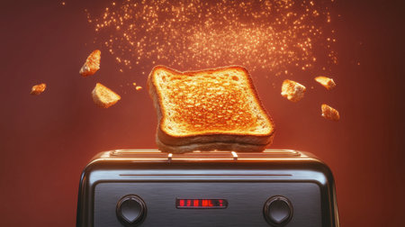 A golden slice of toast rises from a shiny toaster, surrounded by sparkles, showcasing the perfect breakfast delight. Ideal for culinary themes.の素材