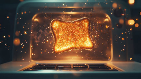 A mesmerizing image of a glowing piece of toast in a modern oven, surrounded by shimmering sparks. This evocative scene captures the essence of culinary creativity and warmth.の素材