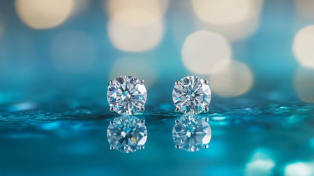 Capture the allure of elegance with these stunning diamond stud earrings. Set against a shimmering blue background, they reflect luxury and beauty.の素材