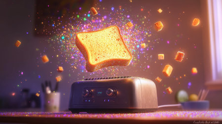 A mesmerizing image of a floating slice of toast above a toaster, surrounded by magical sparkles and warm light, representing joy and creativity in the kitchen.の素材