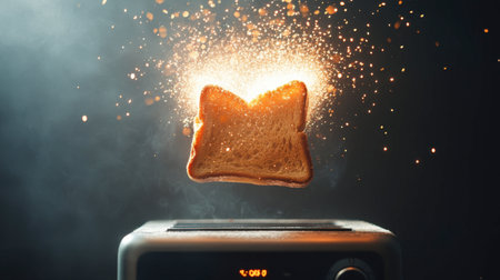 A slice of golden toast rises dramatically from a sleek modern toaster, creating a captivating display of sparks and light, perfect for breakfast themes.の素材