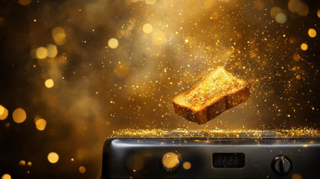 A magnificent slice of toast floats amid shimmering golden dust, capturing attention with its vibrant colors. This stunning kitchen scene evokes warmth and culinary delight.の素材