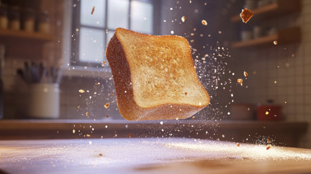 Captivating image of a toasted bread slice suspended in mid-air, surrounded by crumbs, set in a warm kitchen backdrop, perfect for food-related themes.の素材