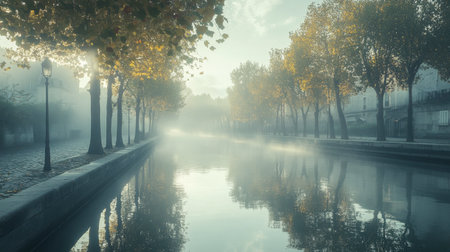 A tranquil scene of a foggy morning by a canal lined with autumn trees, reflecting a serene atmosphere, perfect for nature lovers and peace seekers.の素材