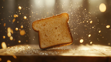 A beautifully lit toast slice floats in the air, surrounded by sparkling particles, capturing the essence of a delicious breakfast moment. Perfect for food photography.の素材