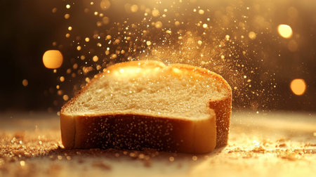 A beautiful close-up of a slice of bread surrounded by golden dust and sparkles, illuminated by soft light. This image captures freshness and warmth, perfect for food photography.の素材