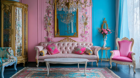 This elegant vintage interior showcases a plush pink sofa, ornate chandelier, and vibrant pastel colors, creating a cozy and chic living space filled with charm.の素材