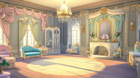Explore the essence of luxury with this elegant living room featuring ornate decor, soft pastel colors, and abundant natural light creating a serene ambiance.の素材