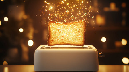 A golden slice of toast rises from a modern toaster, surrounded by magical sparks, creating a warm and inviting atmosphere perfect for breakfast moments.の素材