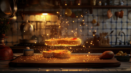 A captivating image of toast floating amidst sparkling magic dust in a cozy kitchen setting, showcasing warmth and culinary creativity in a delightful atmosphere.の素材