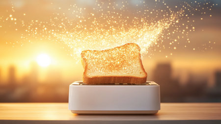 A slice of toasted bread sits in a modern toaster, surrounded by magical sparkles as the sun rises over a city skyline, symbolizing warmth and joy.の素材