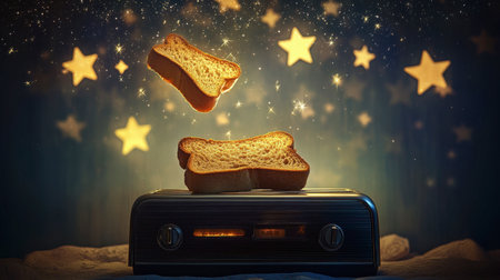 A slice of bread hovers above a retro toaster, illuminated by a starry night sky. The enchanting scene evokes feelings of nostalgia and whimsy.の素材