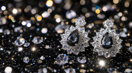 Stunning close-up of elegant black diamond earrings surrounded by sparkling gemstones. Ideal for showcasing luxury fashion, perfect for special occasions.の素材