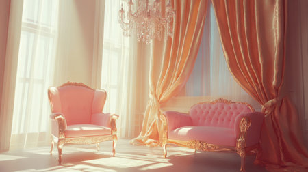A stylish and elegant lounge featuring vintage pink furniture, a shimmering chandelier, and warm sunlight filtering through luxurious curtains, creating a cozy atmosphere.の素材
