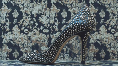 Stunning high-heeled shoe featuring intricate studded embellishments, set against a vintage background, perfect for showcasing fashion elegance and style.の素材