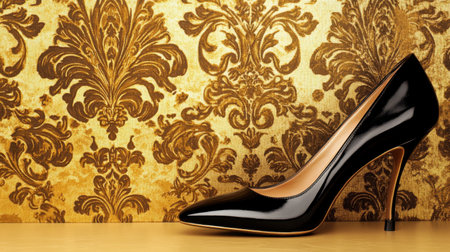 This striking image features a glossy black high heel shoe set against a luxurious gold ornate background, highlighting fashion elegance and sophistication.の素材